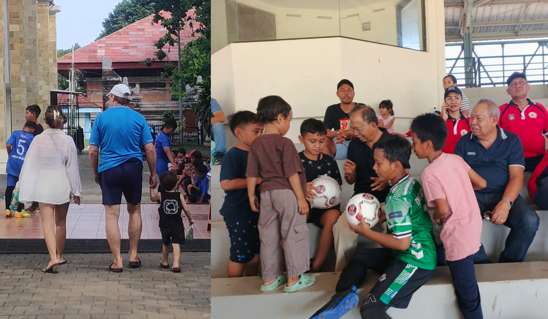 Eks Pelatih Persib Bandung Robert Rene Albert dan keluarga berada di Stadion Ngurah Rai Denpasar. Gubernur Bali 2018-2023 Dr Ir Wayan Koster bersama anak peserta Bali Grassroots Festival 2024. Kolase foto Seranusa.com