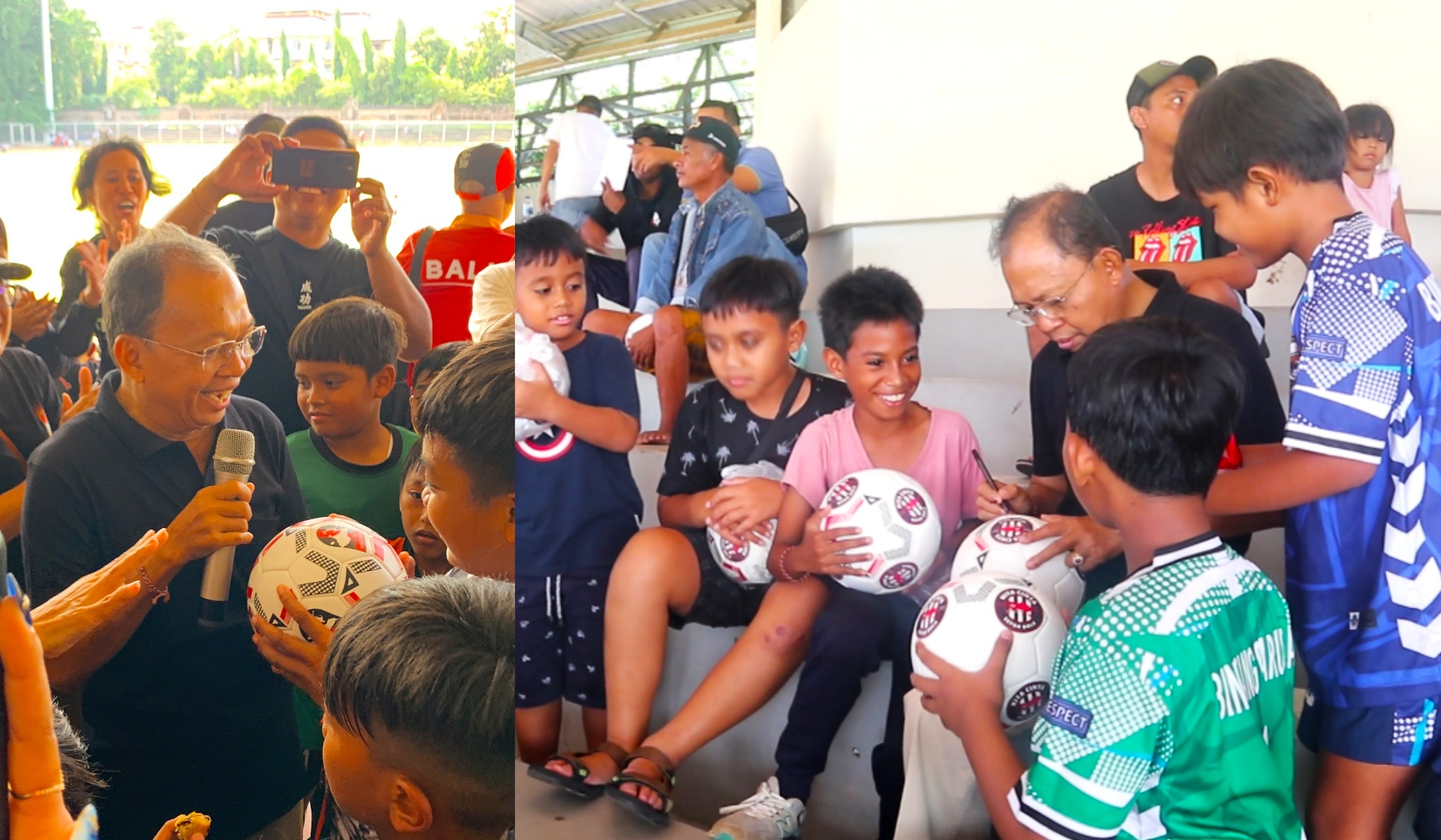 Gubernur Bali 2018-2023 Wayan Koster bersama anak-anak peserta Bali Grassroot Festival 2024, Jumat 14 Juni 2024 pagi. Wayan Koster tak sengaja hadir saat melakukan jalan santai di sekitar GOR. foto Seranusa.com