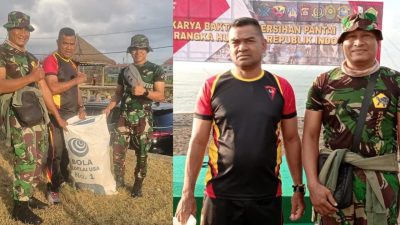 Brimob Tohpati Bersinergi dengan TNI dan Masyarakat Laksanakan Karya Bakti HUT RI ke-80 di Pantai Lembeng, Jumat 15 Agustus 2025.