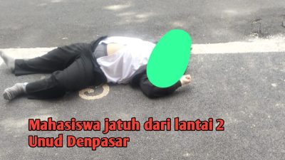 Mahasiswa meregang jawa usai terjatuh dari lantai dua gedung FISIP Unud Denpasar Bali, Rabu 15 Oktober 2025. Foto ist grup WA