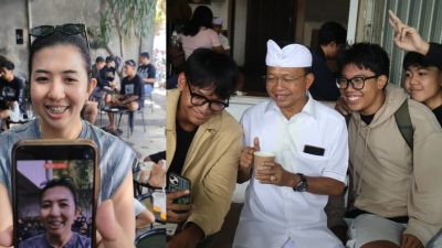 kolase foto; Fahira warga Padangsambian Denbar dan Gubernur Koster saat nongkrong dan ngopi bareng anak muda di Tan-Panama Veteran Sabtu 3 Januari 2026.