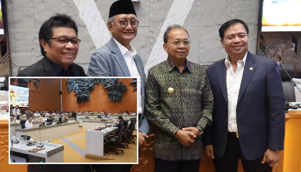 Perjuangan Gubernur Koster Dijawab Menteri PU, segera Alokasi dan Mulai Kerja 1 Gubernur Bali Wayan Koster bersama Menteri PU Dody Hanggodo, Ketua Komisi V DPR RI Lasarus dan Wakil Ketua Ridwan Bae pose bersama usai raker di Senayan, Rabu 8 April 2026.